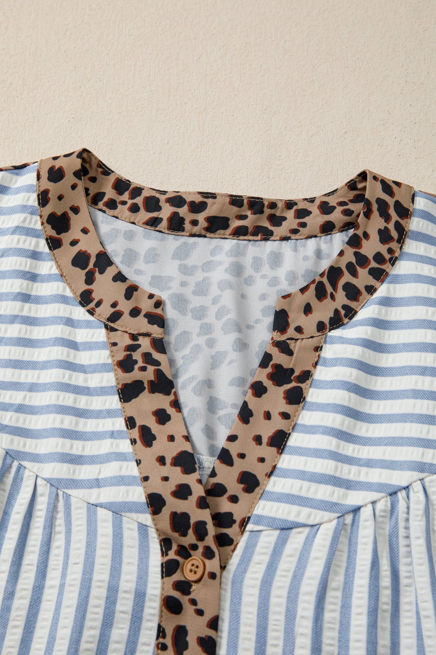 Sky Blue Stripe Leopard Trim V Neck Button Down Half Sleeve Shirt
