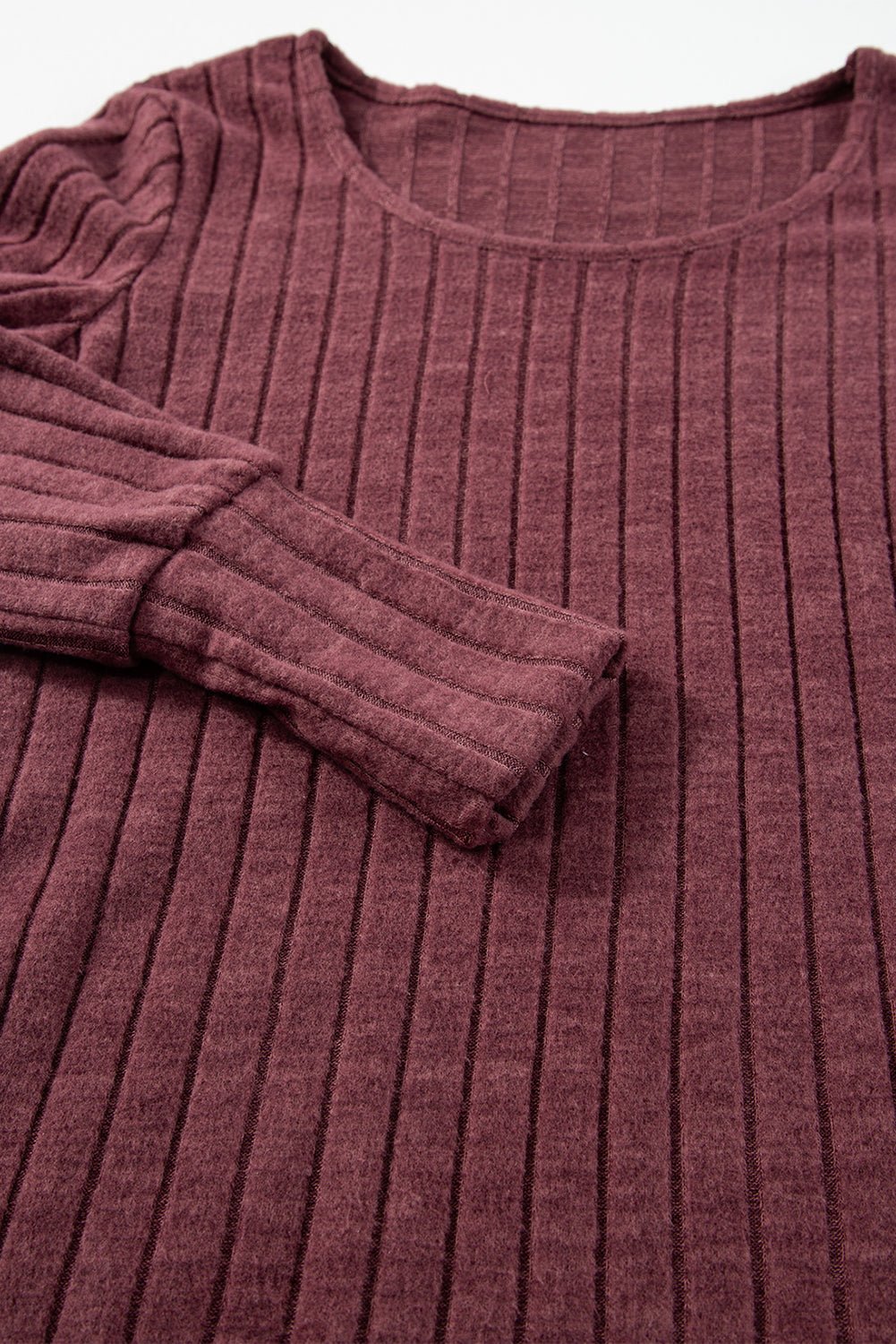 Mineral Red Ribbed Bishop Sleeve Round Neck Top - Loving It Shop