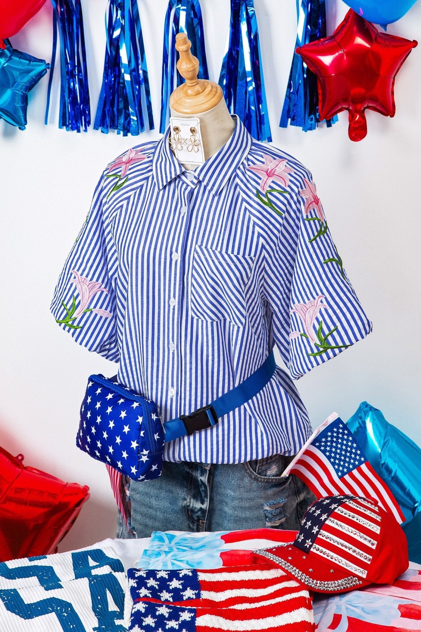 Sky Blue Stripe Lily Floral Embroidered Puff Sleeve Button Down Shirt - Loving It Shop
