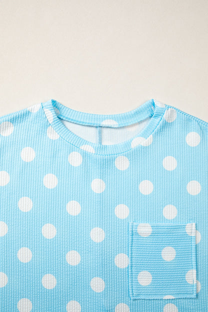 Sky Blue Polka Dot Round Neck Drop Shoulder Patch Pocket Jacquard Texture Top