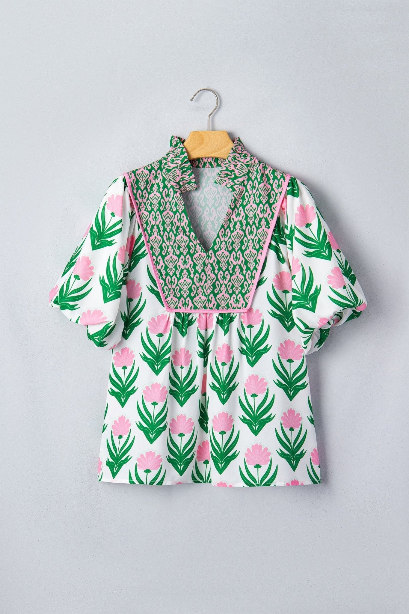 Multicolour Floral Print Puff Sleeve Contrast Bordered V Neck Blouse - Loving It Shop
