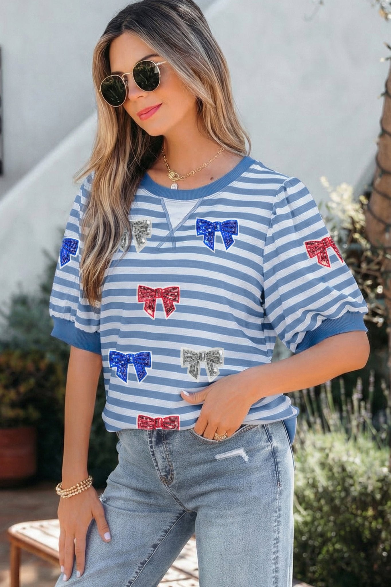 Sky Blue Stripe Patriotic Sequin Bow Graphic Short Puff Sleeve Top - Loving It Shop