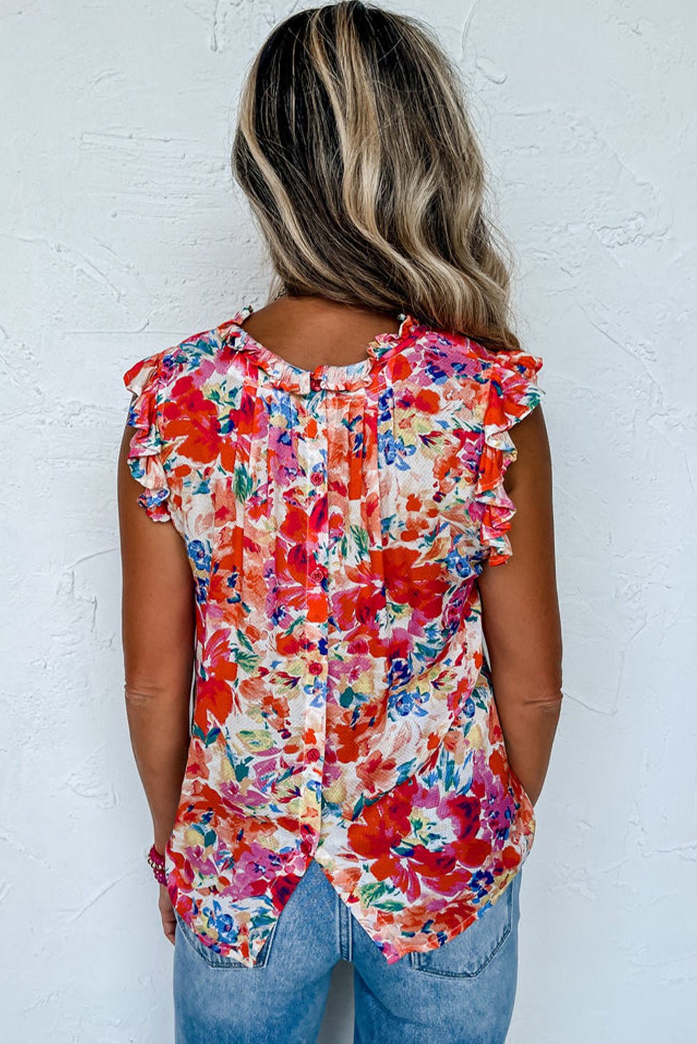 Red Frilled Neck Pleated Boho Floral Tank Top - Loving It Shop