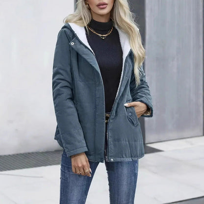 Fleece-lined Hooded Coat Winter Preppy Style Long Sleeve Jacket Warm Pockets Cotton Coat Women&