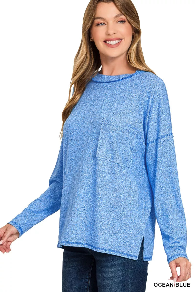 Soft Melange Hacci Round-Neck Long Sleeve T-Shirt