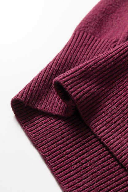 Burgundy Contrast Trim V Neck Cuffed Short Sleeve Loose Sweater