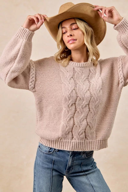 Cable Knit Sweater with Shoulder Braid Detail