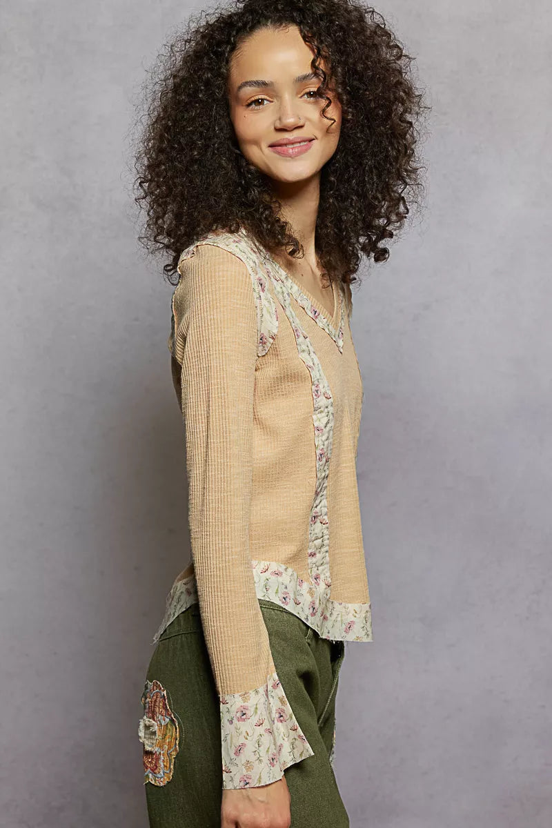 Floral Patch V-Neck Long Sleeve Ribbed Top