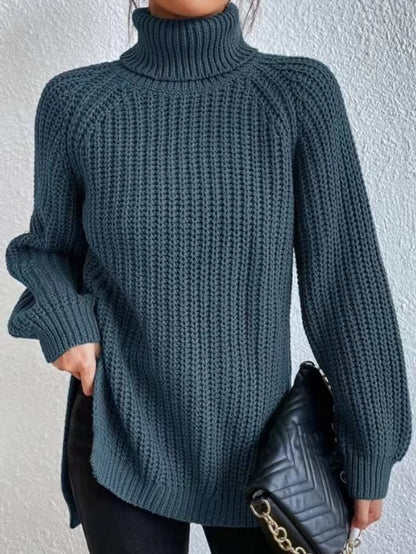 Turtleneck Pullover Sweater With Split Design Fashion Simple Solid Color Long Sleeve Tops Women&