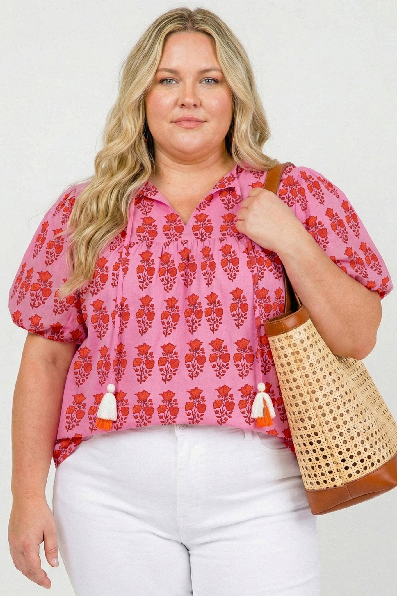 Pink Plus Size Floral Print Tassel Tie Puff Sleeve Cotton Blouse - Loving It Shop