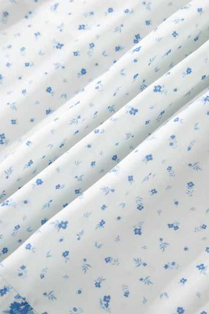Sky Blue High Waist Tiny Floral Print Boho Maxi Skirt