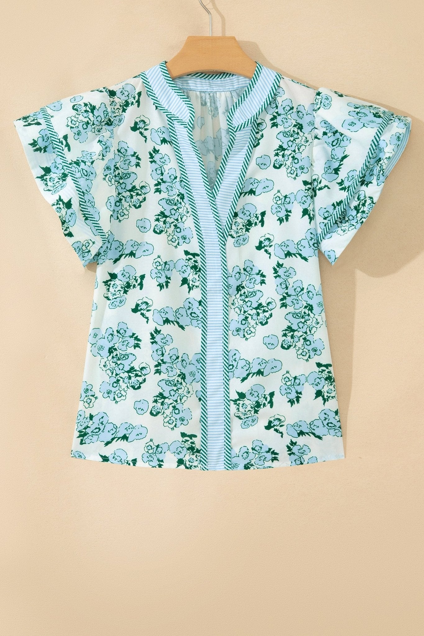 Green Floral Meets Stripes V Neck Flutter Sleeve Blouse - Loving It Shop
