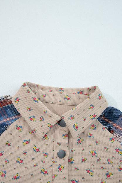 Boho Floral Plaid Patchwork Distressed Detail Ruffled Sleeve Waffle Knit Shacket