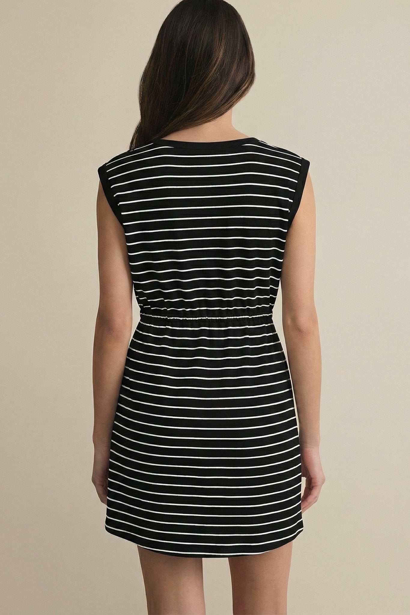 Black Stripe Drawstring Tunic Tank Mini Dress with Pockets - Loving It Shop