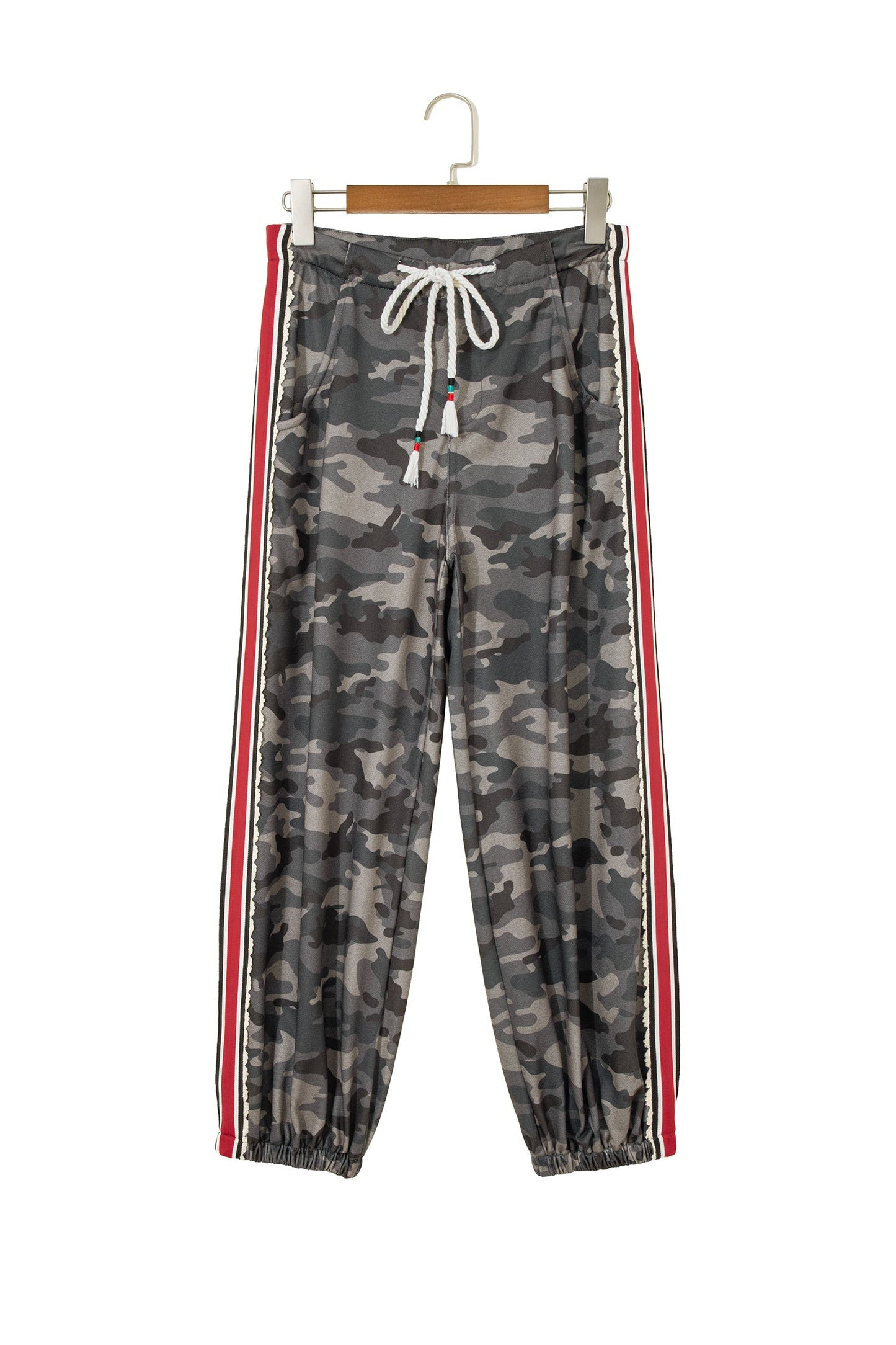 Green Camouflage Print Striped Side Panel Patchwork Drawstring Pants