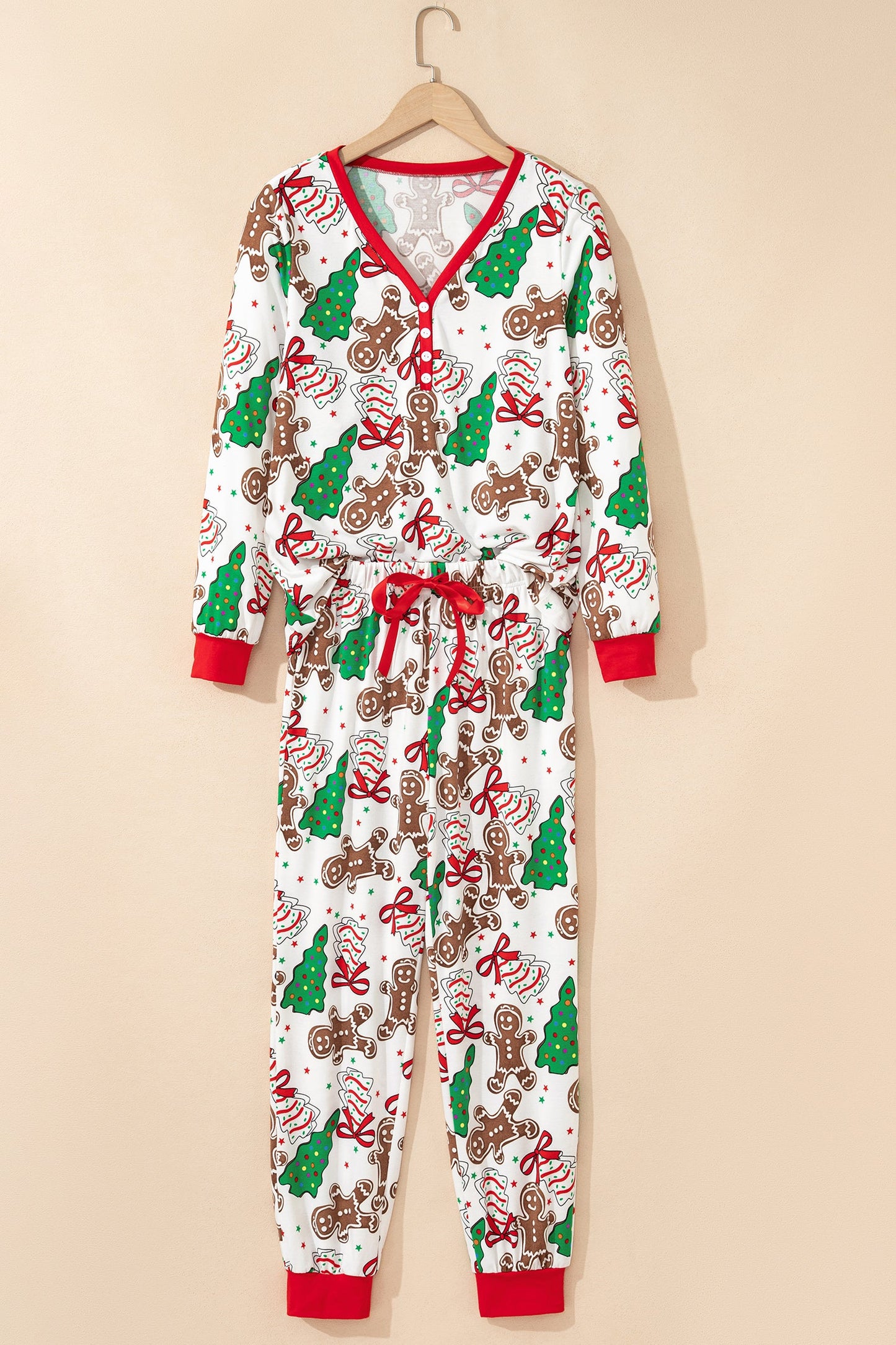 White Christmas Pattern Button V Neck Pullover Drawstring Pants 2pcs Lounge Set