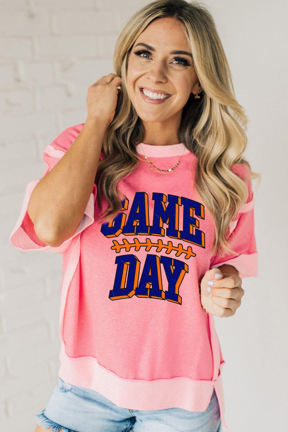 Peach Blossom Raw Seam Patchwork GAME DAY Letter Graphic Loose Tee - Loving It Shop
