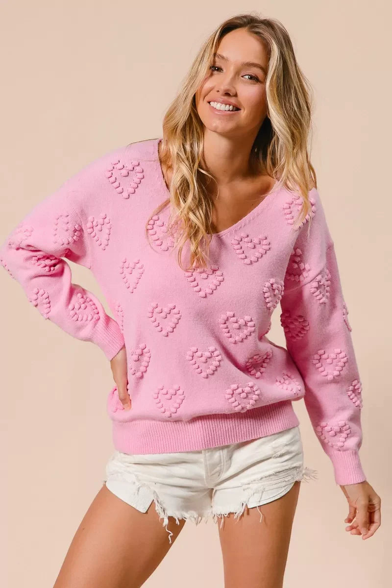 Valentines Heart Pompom V Neck Knit Top