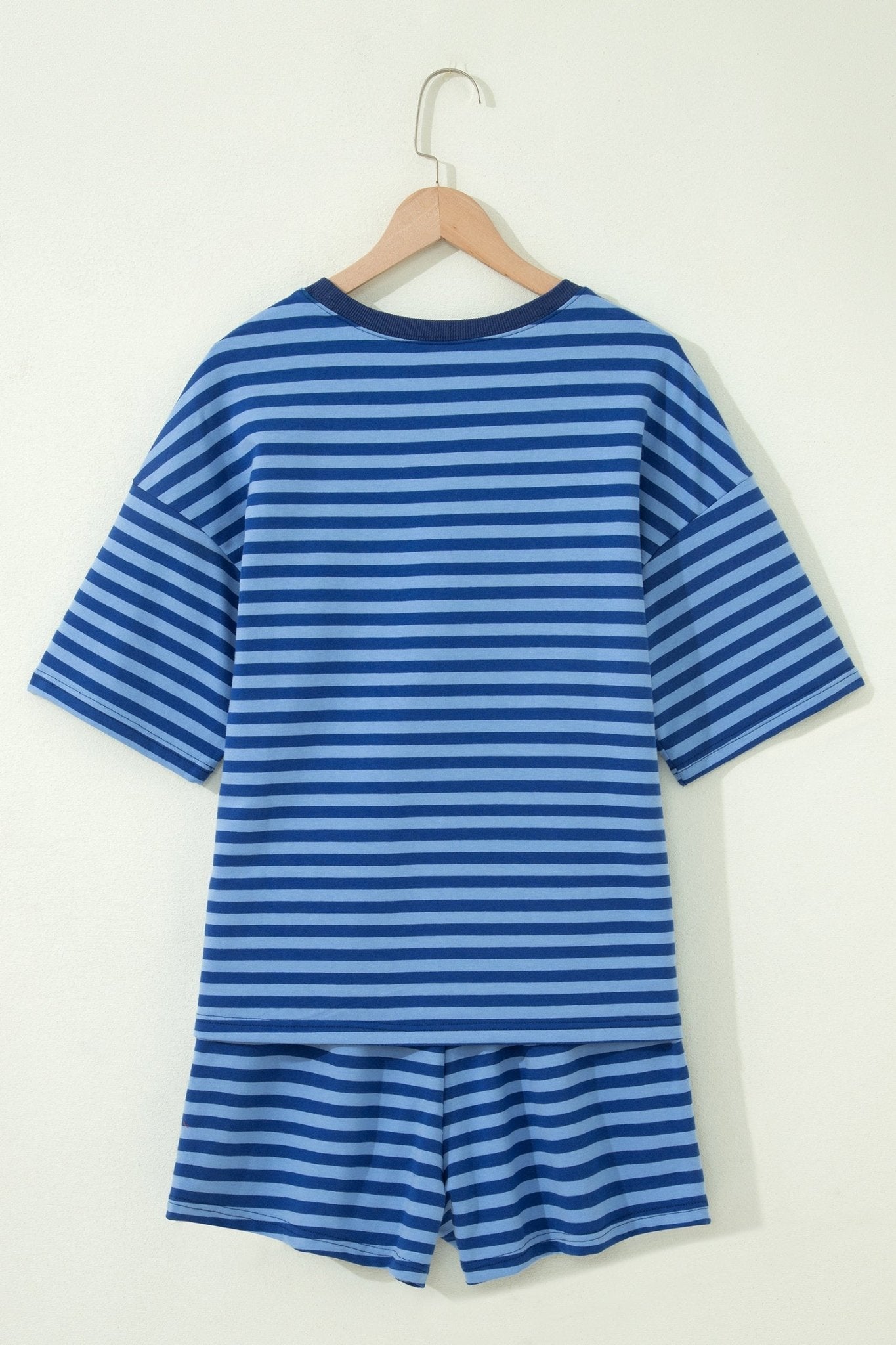 Blue Stripe Striped Ribbed Cotton Two - Piece Short Set with Chest Patch Detail - Loving It Shop