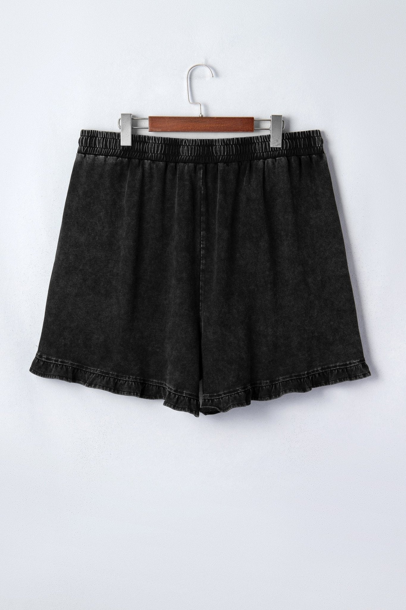Black Mineral Wash Elastic Waist Drawstring Ruffle Hem Plus Shorts - Loving It Shop