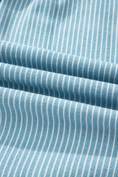 Sky Blue Stripe Cuffed Short Sleeve Button up Loose Shirt