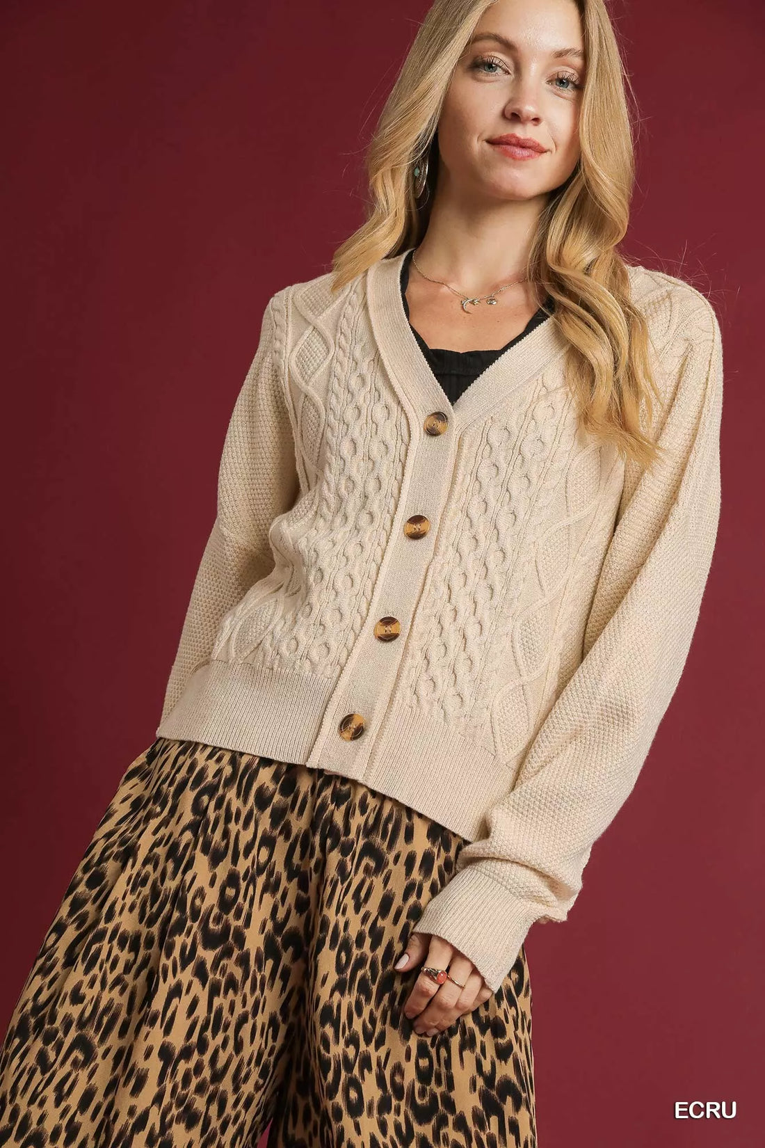Chunky Cable Knit V-Neck Button-Up Cardigan