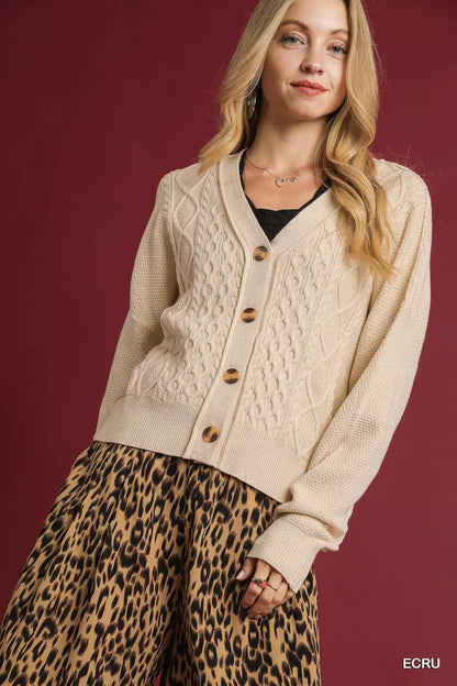 Chunky Cable Knit V-Neck Button-Up Cardigan