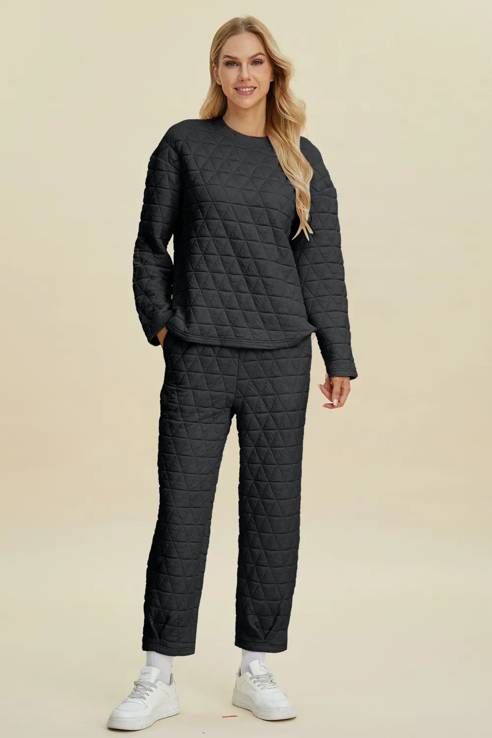 I am a Fashion junky Full Size Texture Round Neck Long Sleeve Top and Pants Set
