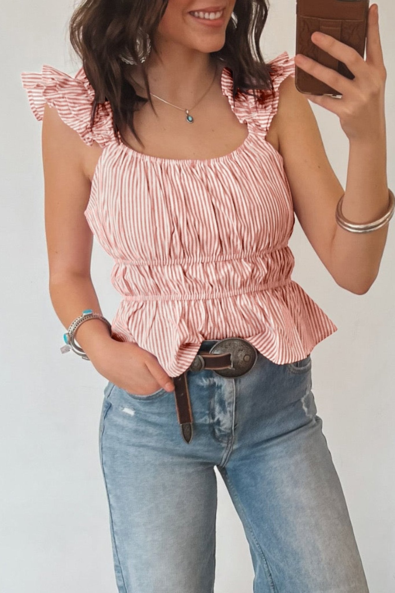 Pink Stripe U Neck Ruffle Trim Cinched Waist Tank Top - Loving It Shop