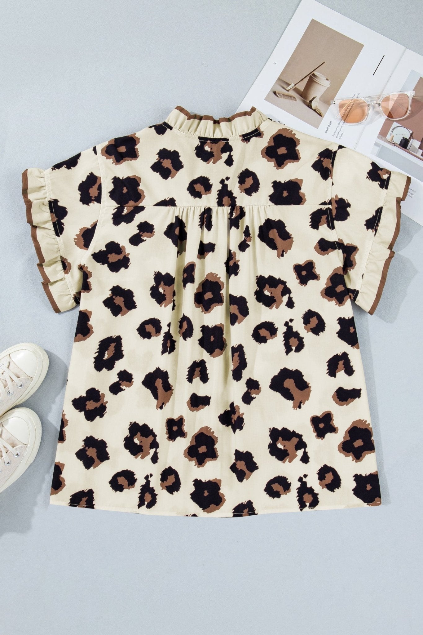 Khaki Plus Size Leopard Print Frilled Color Block Trim Button Down Short Sleeve Blouse - Loving It Shop