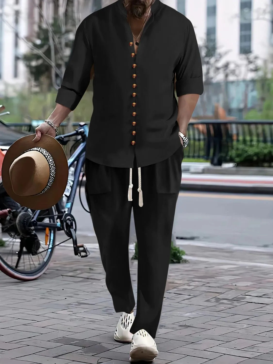 Men's Button Front Long Sleeve Shirt and Pants Set
