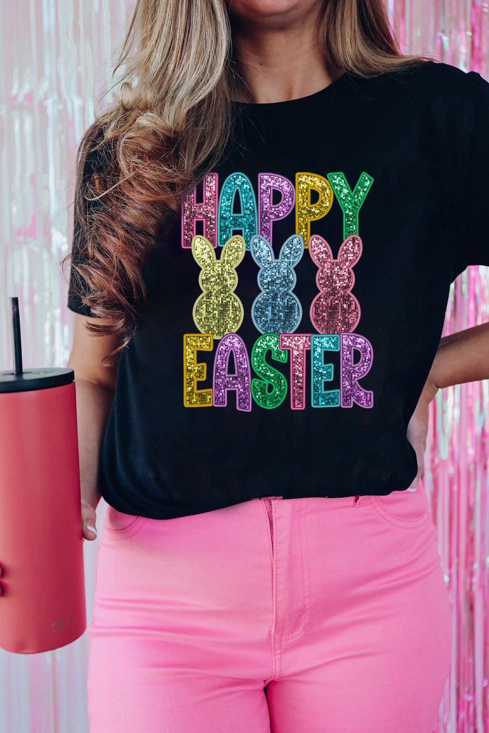 Black Glittering Bunny HAPPY EASTER Graphic T Shirt - Loving It Shop