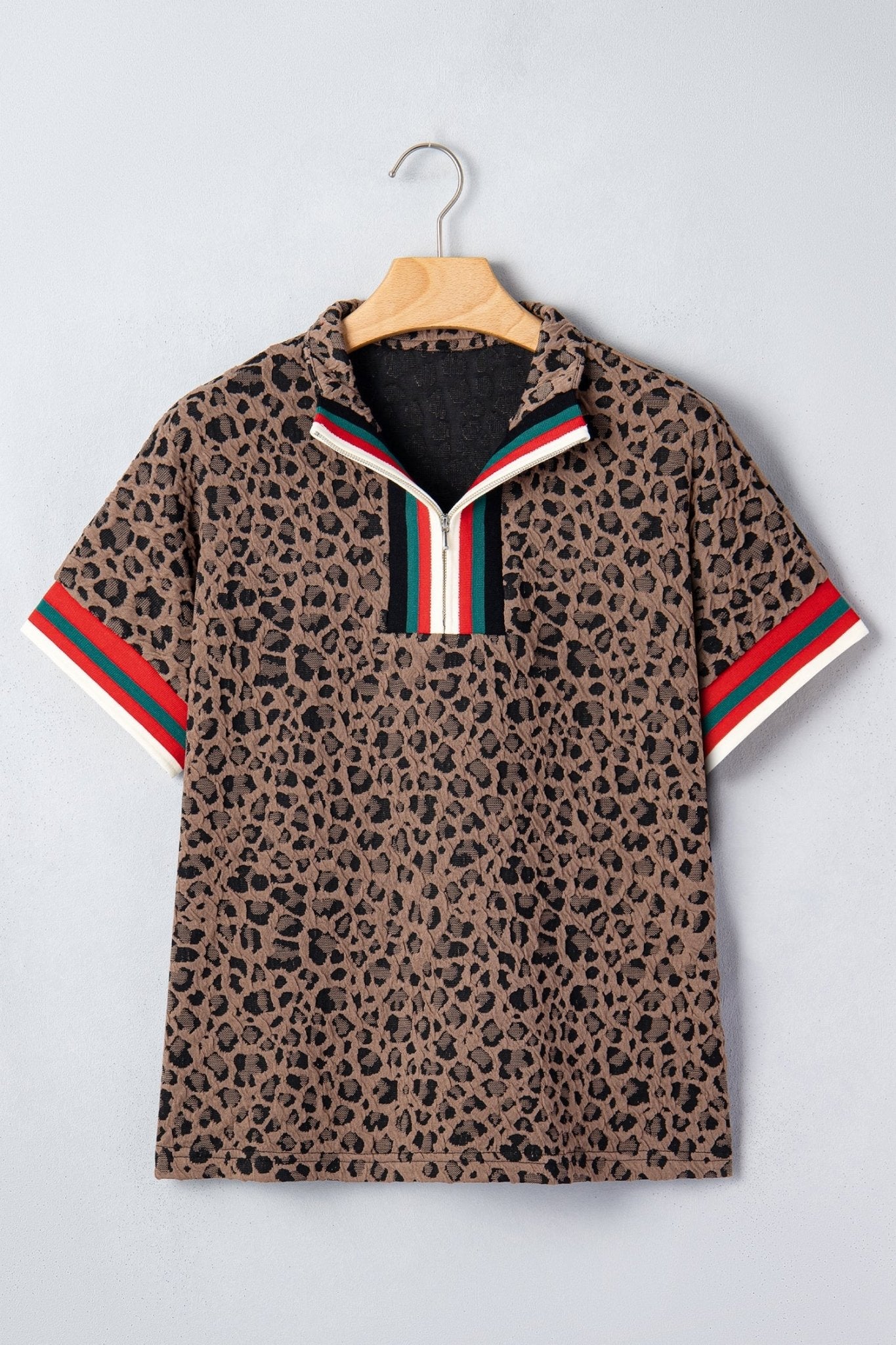 Brown Leopard Jacquard Striped Patchwork Half Zip Short Sleeve Blouse - Loving It Shop