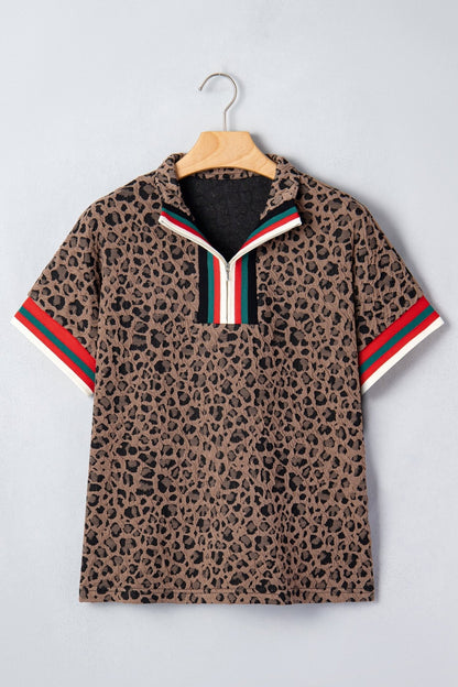 Brown Leopard Jacquard Striped Patchwork Half Zip Short Sleeve Blouse - Loving It Shop