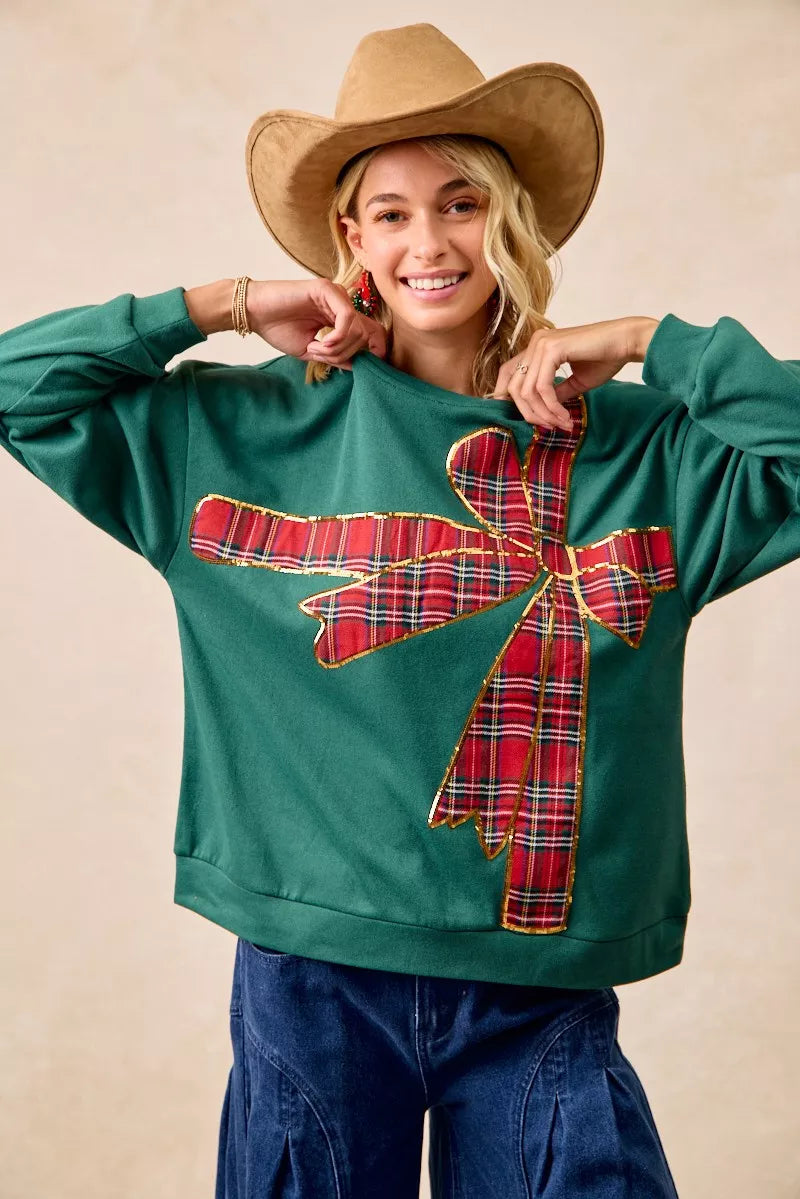Plaid Ribbon Bow Detail Christmas Fleece Pullover