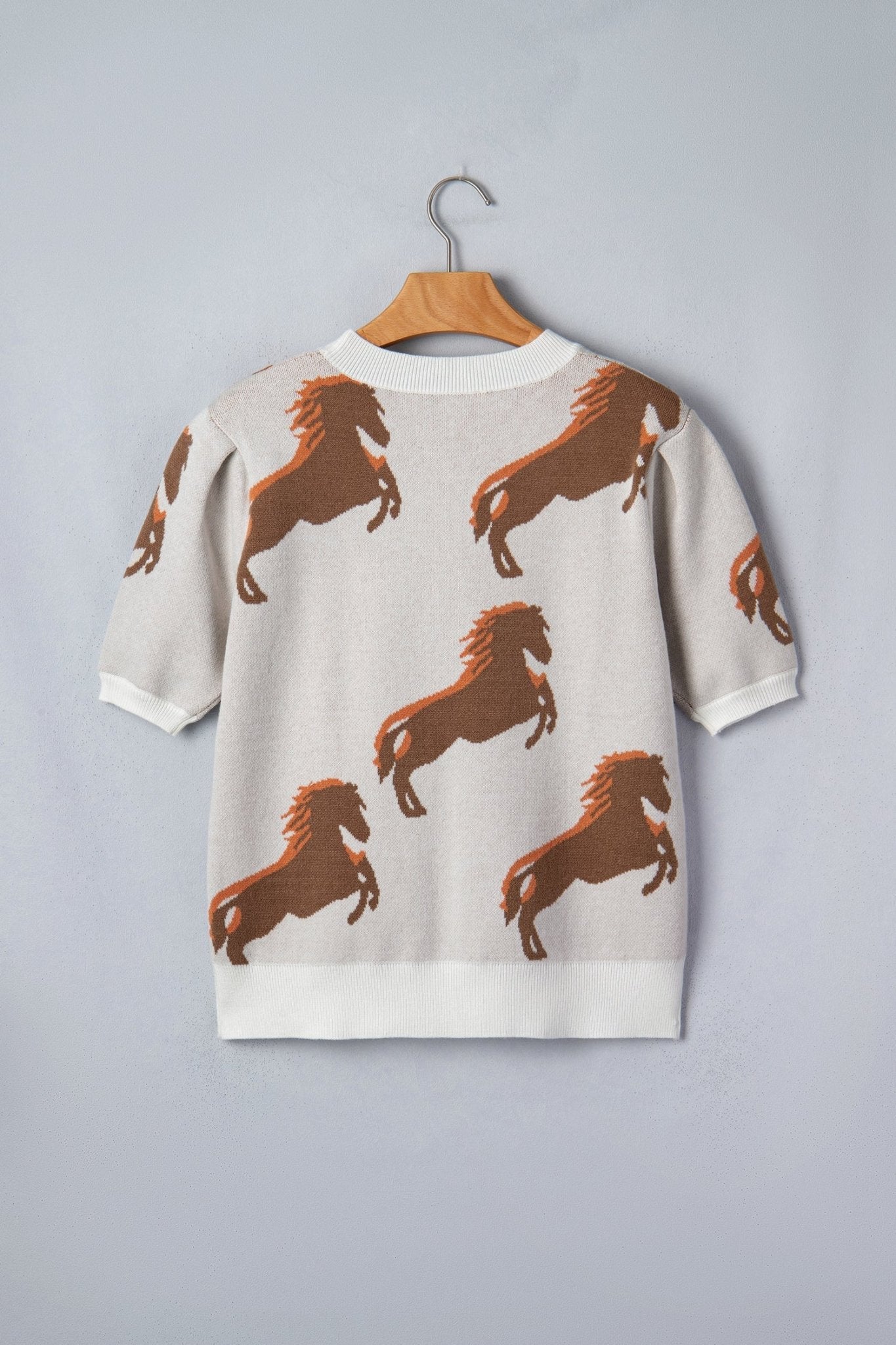 White Western Horse Printed Short Puff Sleeve Sweater - Loving It Shop