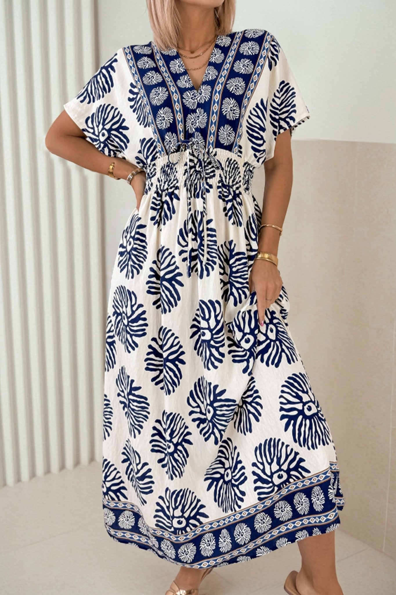 Blue Boho Floral Print Contrast Patchwork V Neck Dolman Maxi Dress - Loving It Shop