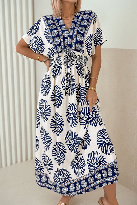 Blue Boho Floral Print Contrast Patchwork V Neck Dolman Maxi Dress - Loving It Shop