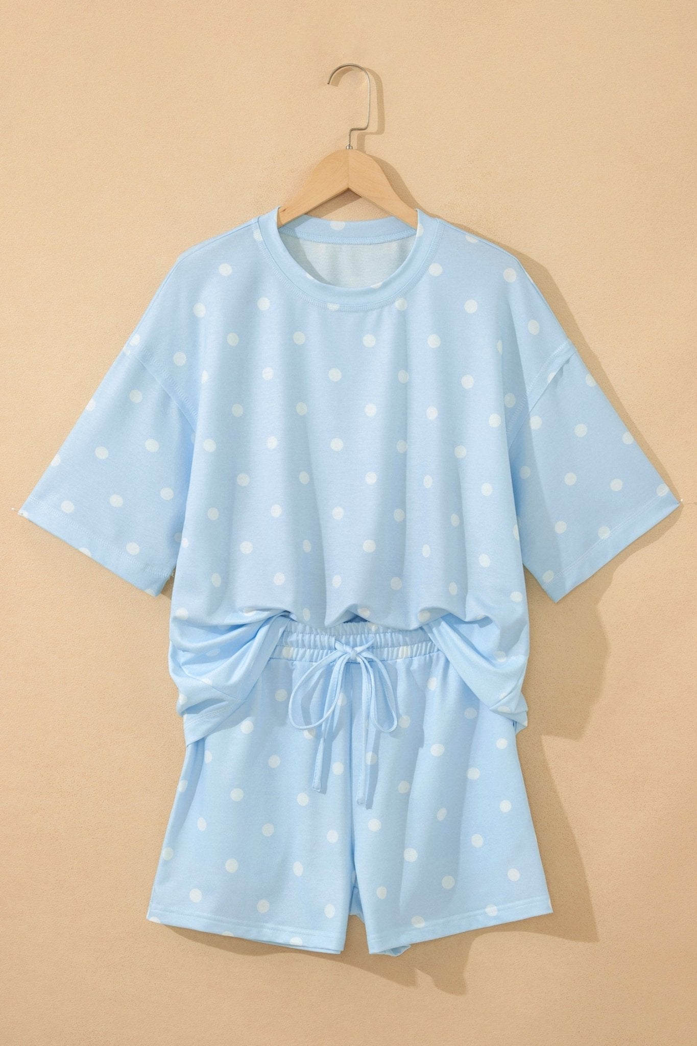 Sky Blue Exposed Seam Detail Polka Dot Loose Tee Drawstring Shorts Set - Loving It Shop