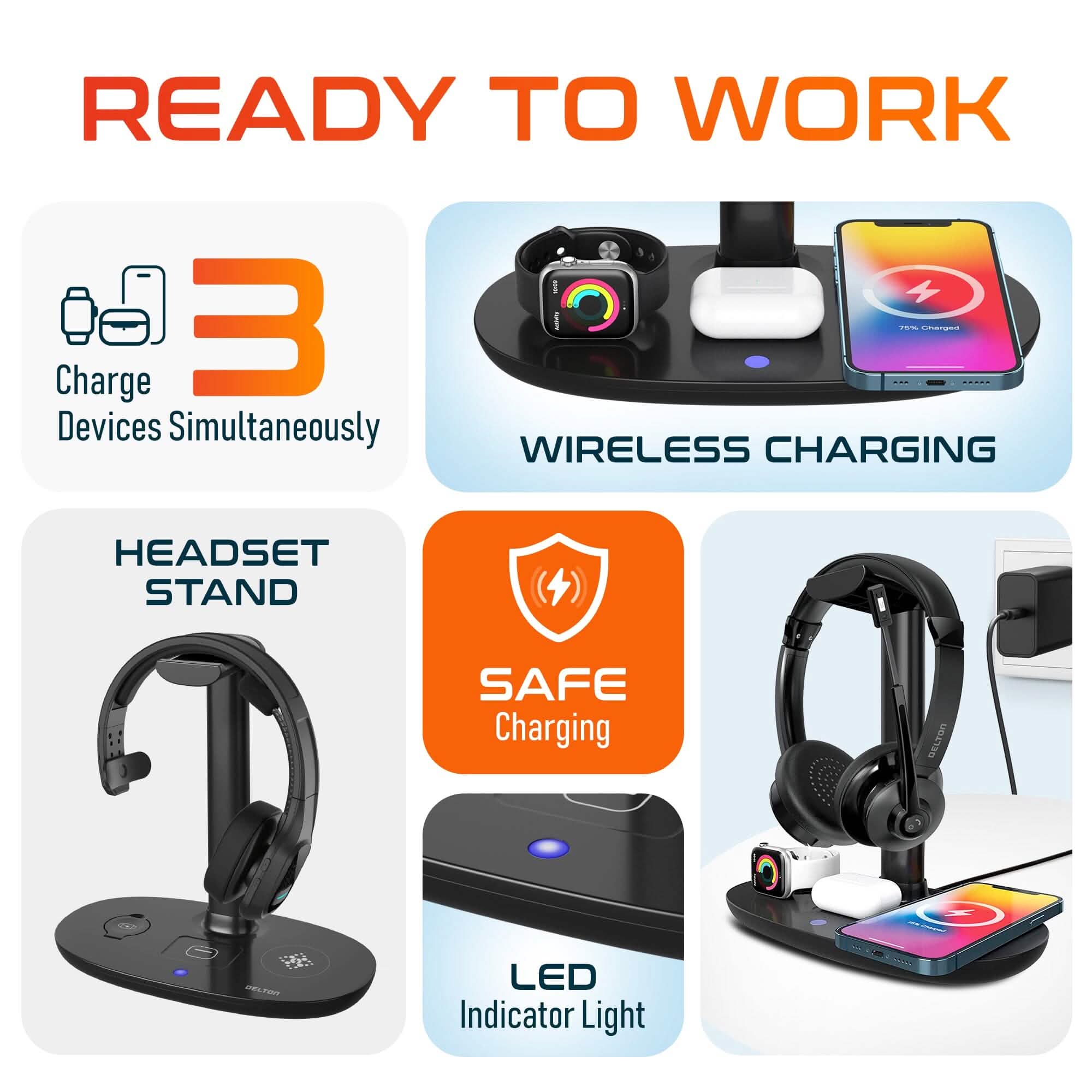 Delton 20X Bluetooth Headset &amp; 3 in 1 Wireless Charging Station with Headset Holder