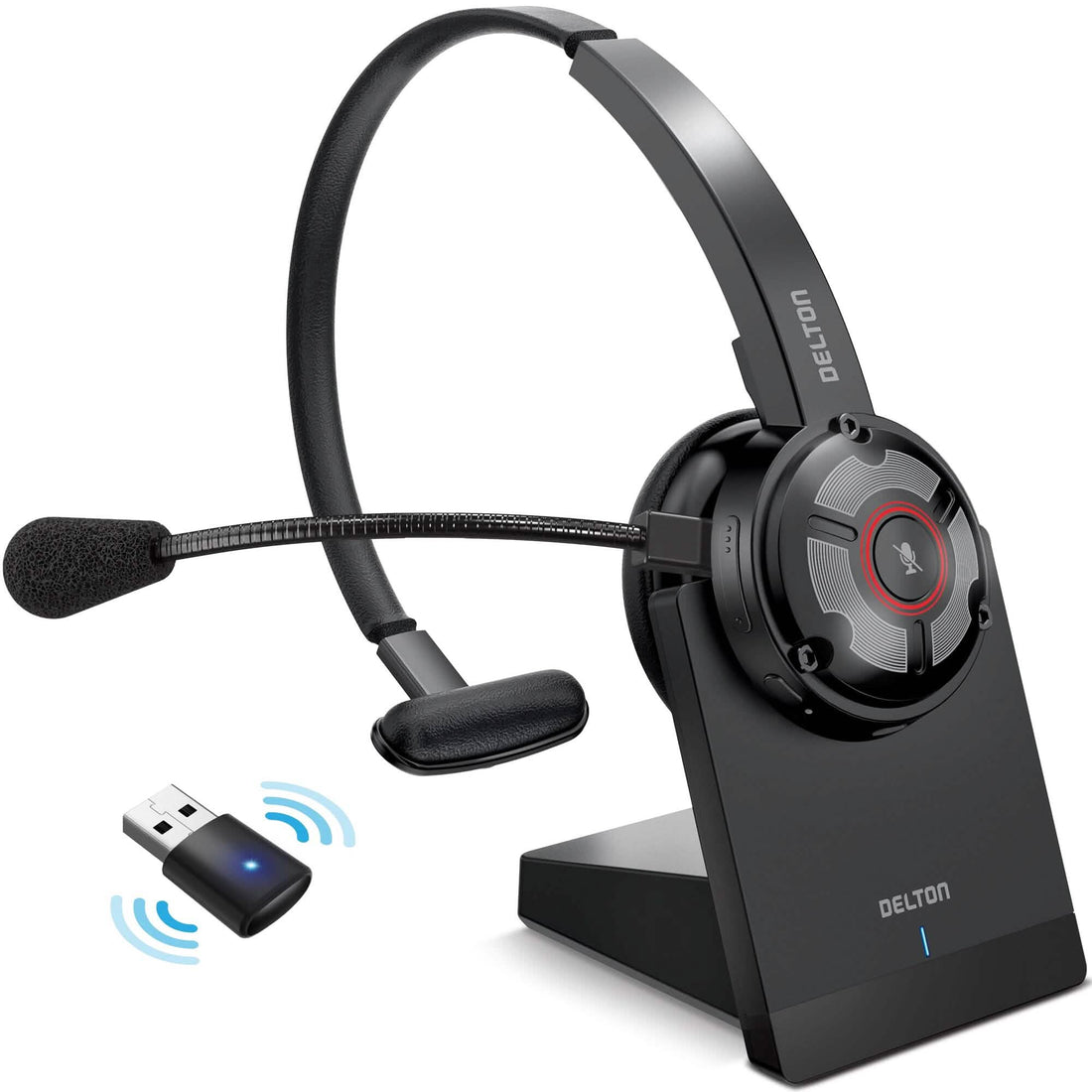 Delton 50X Noise Canceling Bluetooth or Auto Pair USB Dongle Headset with Charging Dock