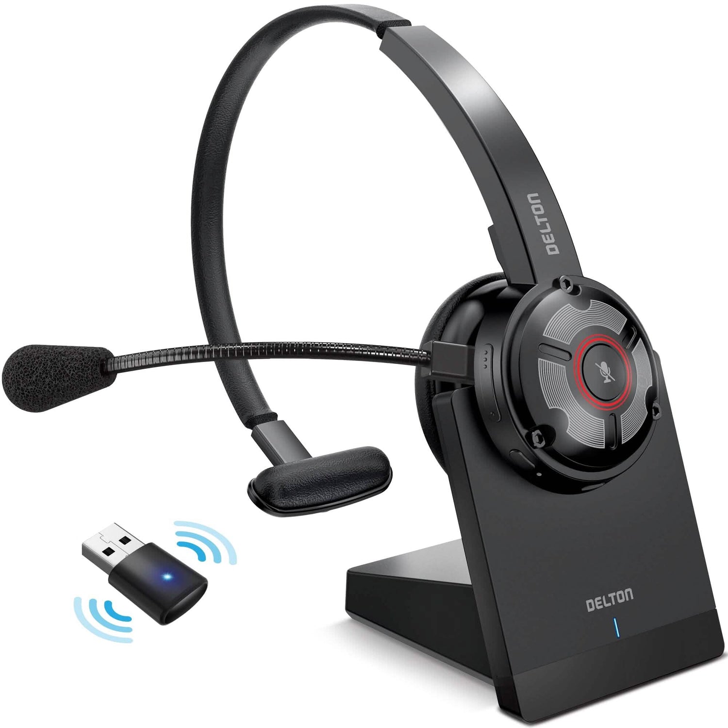Delton 50X Noise Canceling Bluetooth or Auto Pair USB Dongle Headset with Charging Dock
