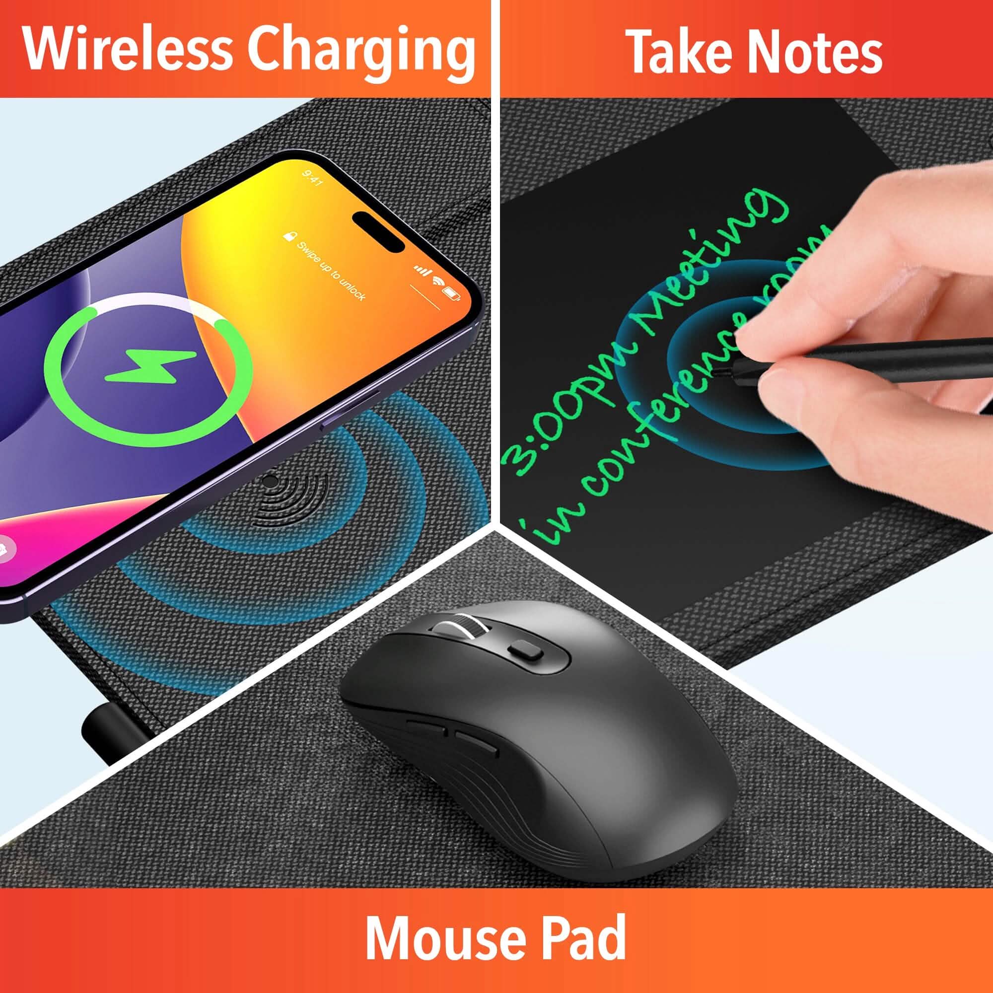 Delton D101 Wireless Charging Mouse Pad with Foldable Phone Stand &amp; Writing Pad, Non-Slip Desk Mouse Mat 15W Wireless Charging Pad Qi Enabled Devices