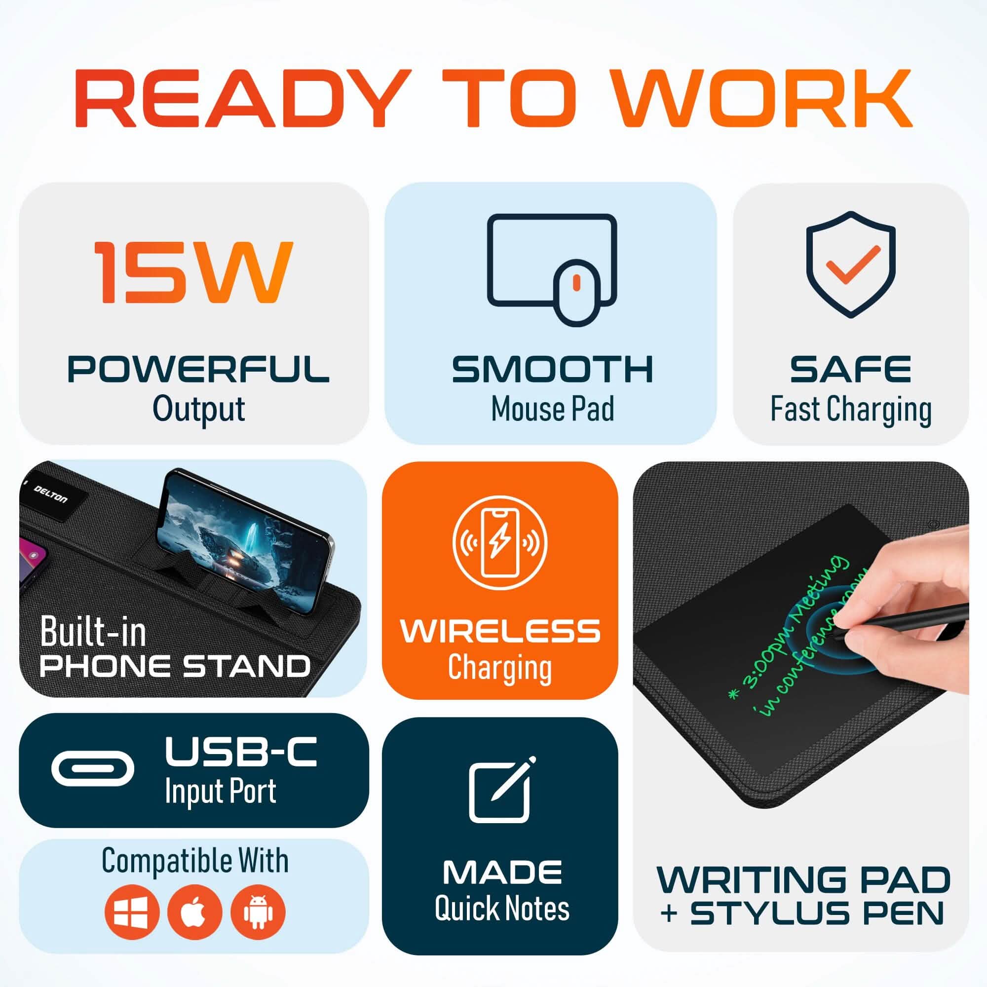 Delton D101 Wireless Charging Mouse Pad with Foldable Phone Stand &amp; Writing Pad, Non-Slip Desk Mouse Mat 15W Wireless Charging Pad Qi Enabled Devices