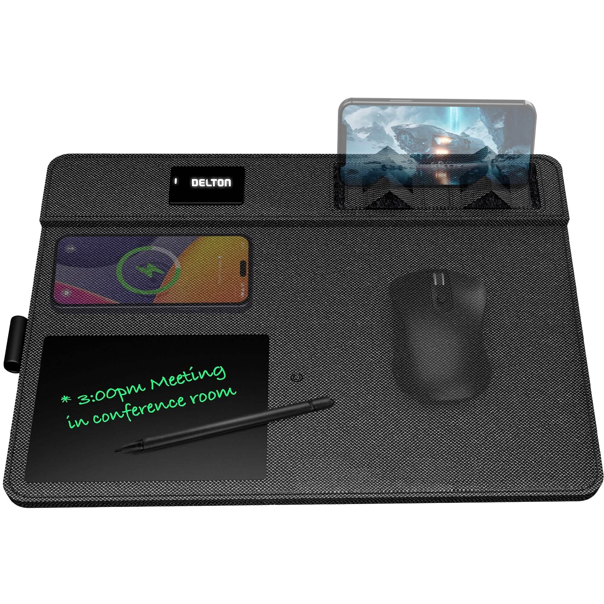 Delton D101 Wireless Charging Mouse Pad with Foldable Phone Stand &amp; Writing Pad, Non-Slip Desk Mouse Mat 15W Wireless Charging Pad Qi Enabled Devices