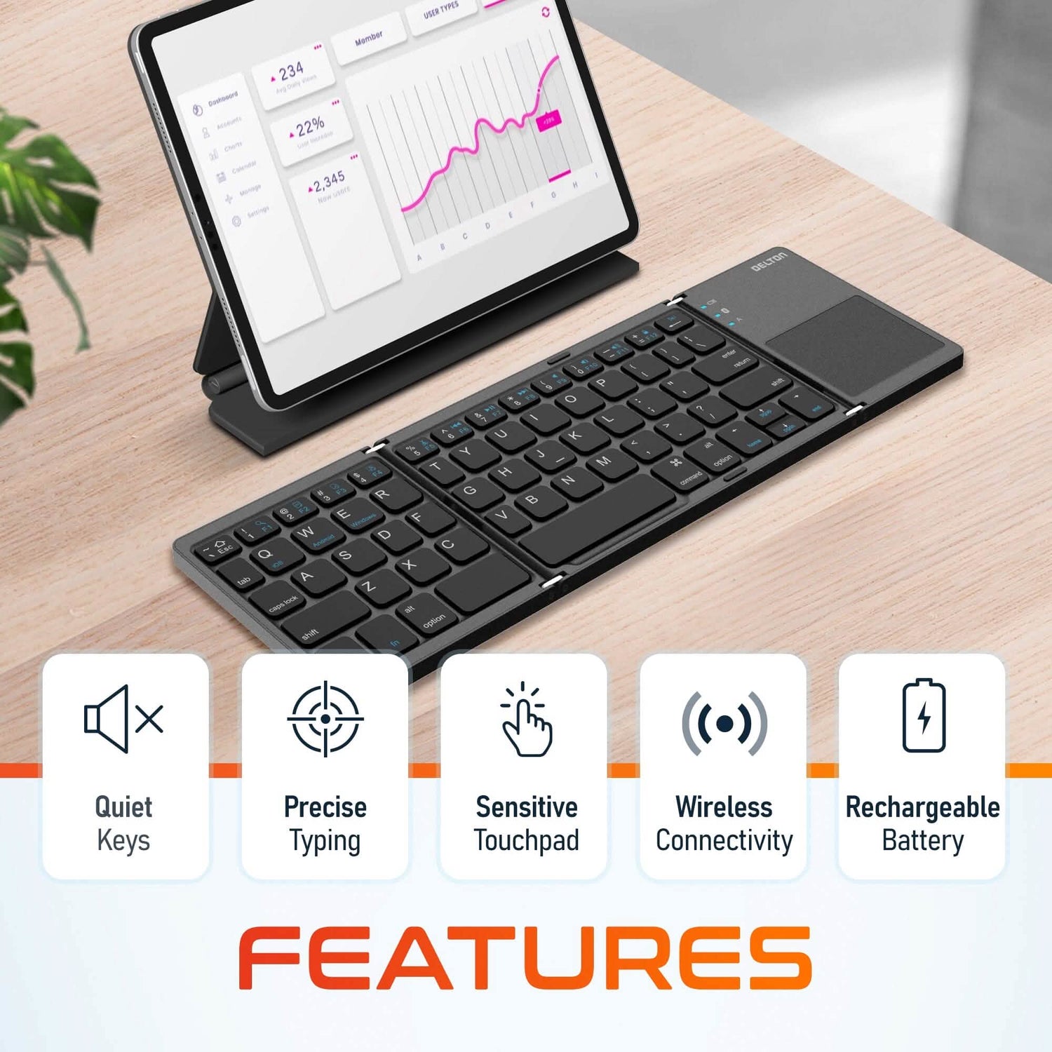 Delton F75 Bluetooth Keyboard with Sensitive Touchpad, Portable &amp; Folding Design, Rechargeable Wireless Keyboard, Compatible with PC/Laptop, iMac, Tablets, Smartphones and More - Black
