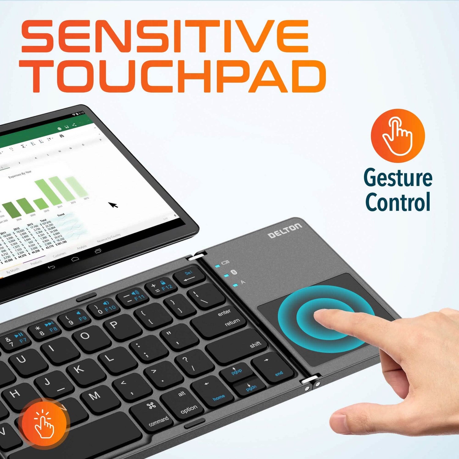 Delton F75 Bluetooth Keyboard with Sensitive Touchpad, Portable &amp; Folding Design, Rechargeable Wireless Keyboard, Compatible with PC/Laptop, iMac, Tablets, Smartphones and More - Black