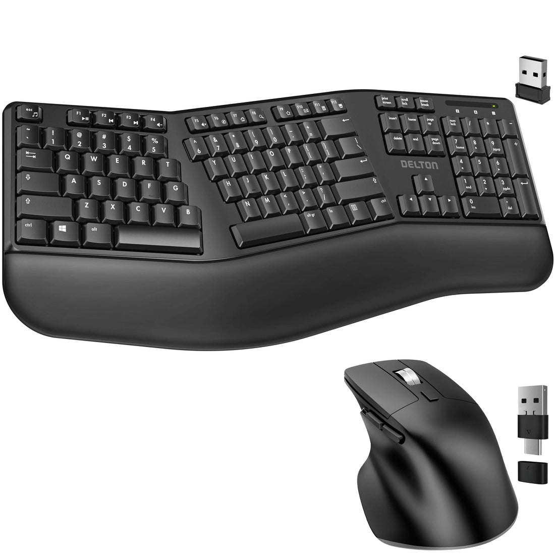 Delton G18 Ergonomic Wireless Keyboard and Mouse, Split Keyboard with Wrist Support &amp; Ergonomic Wireless Mouse, 2.4G Auto Pair USB Dongle for Computer, Laptop, Mac, Chromebook &amp; Tablets - Black