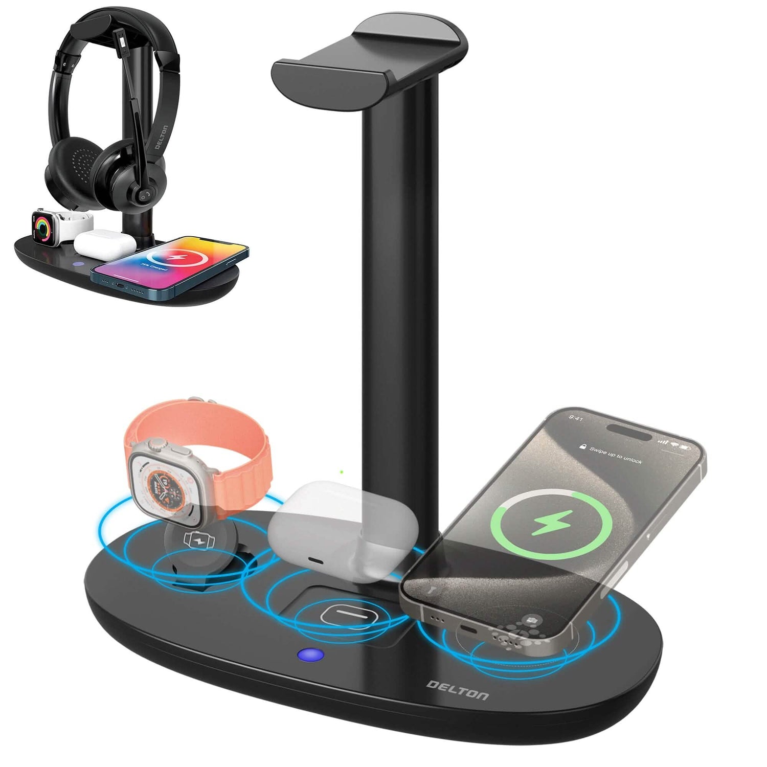 Delton HS1 3-in-1 Wireless Charging Station with Headphone Stand, Fast Charging Desk Charging Station, 15W Wireless Charger Stand for iPhones, iWatches, AirPods &amp; Qi-enabled Devices - Black