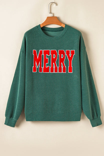 Dark Green MERRY Corded Long Sleeve Top and Pockets Pants Set